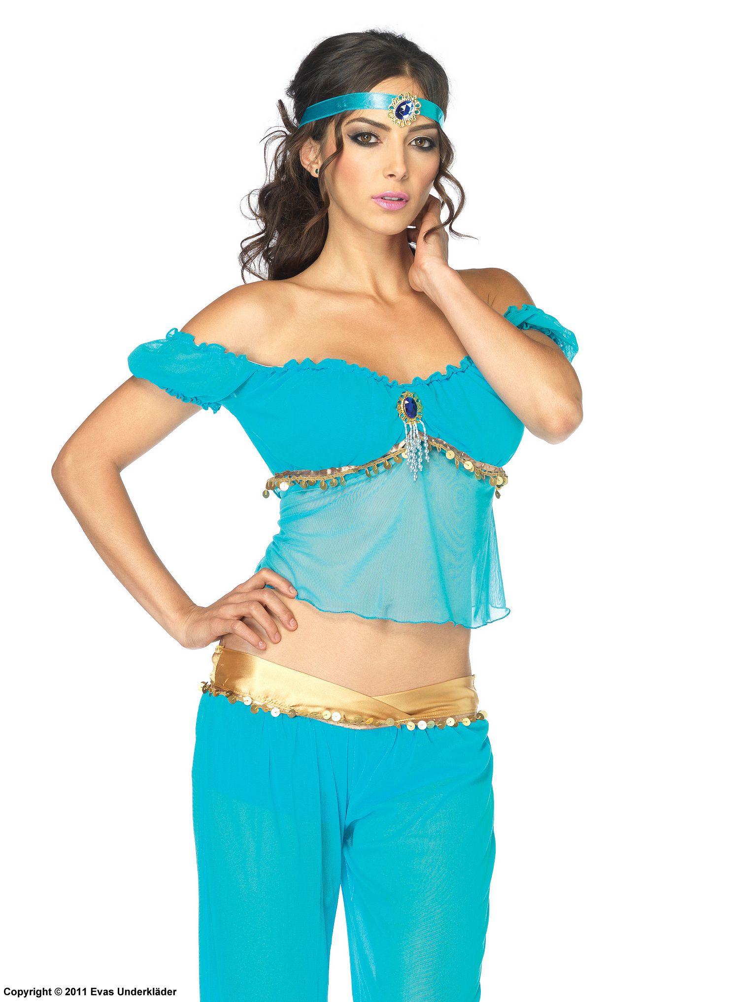 Prinsesse Jasmine fra Aladdin, kostyme-topp og -leggings, strass, off-shoulder